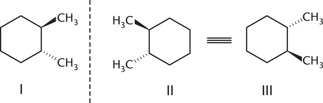 trans-1,2-dimethylcyclohexanone and its mirror image; mirror image is rotated 180 degrees to demonstrate that it is not superimposable