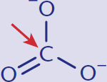 Arrow pointing to central carbon bonded to two negatively charged oxygens and double bonded to oxygen