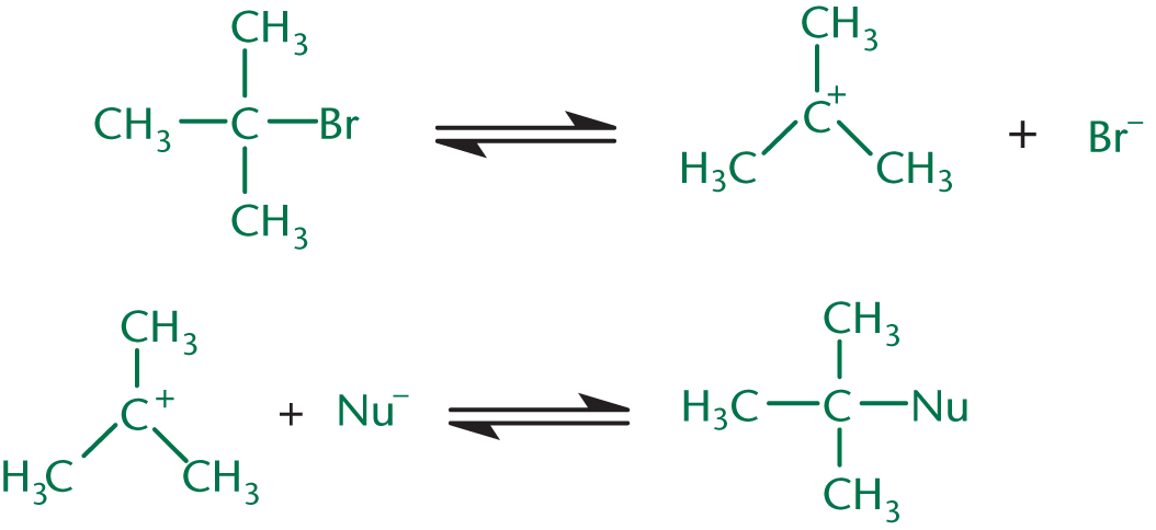 t-butyl bromide losing a bromide anion to form a tertiary carbocation, which is then attacked by a nucleophile, forming a bond