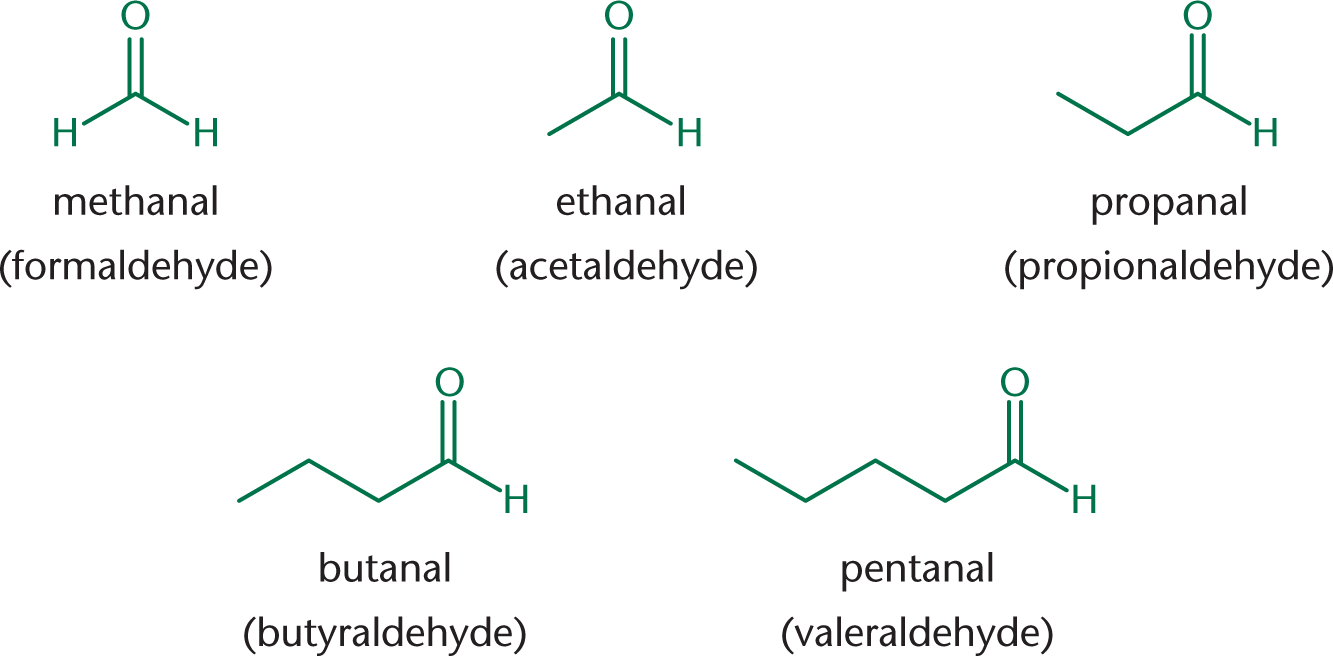 methanal (formaldehyde), ethanal (acetaldehyde), propanal (propionaldehyde), butanal (butyraldehyde), pentanal (valeraldehyde)