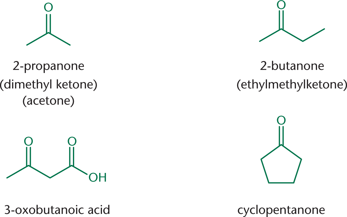 2-propanone (dimethyl ketone or acetone), 2-butanone (ethylmethylketone), 3-oxobutanoic acid, cyclopentanone