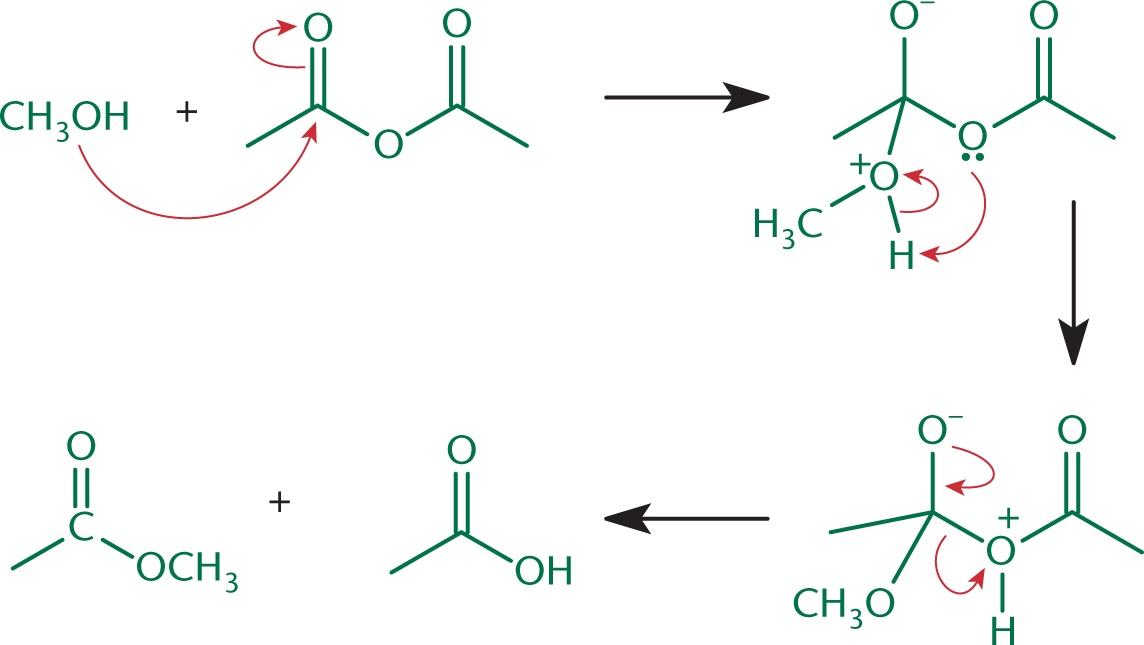 alcohol attacks carbonyl of anhydride; reformation of carbonyl yields ester and carboxylic acid