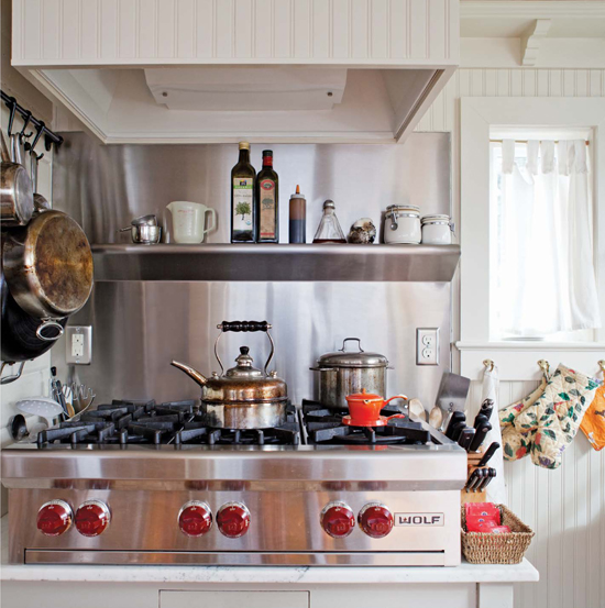 six-burner Wolf cooktop in a well-appointed kitchen