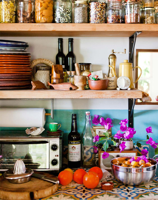 open shelving in a colorful kitchen