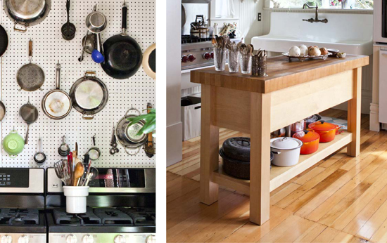 pans hanging on pegboard; kitchen island