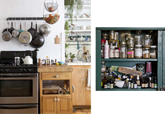 cart next to stove; green pantry