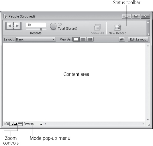 Every database window has the same apparatus around the edges—what's inside the window is up to you. Compare this window with the one shown in Figure 1-2. Both windows have a Status toolbar, zoom controls, and a Mode pop-up menu. The content area is the only difference.