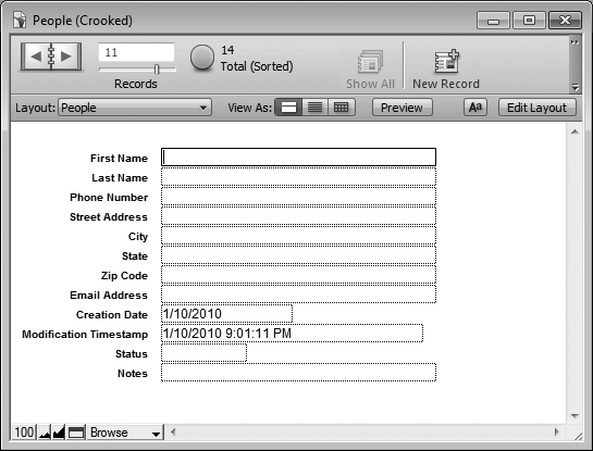 Unlike the stark emptiness shown in Figure 1-1, this database has fields for entering information, and some fields even have something in them before you start to type (see page 240 for more information on auto-enter fields). These fields are arranged in a column, just the way FileMaker throws them on the screen when you first create them. Compare this screen to Figure 1-3 where the fields are resized and rearranged to create a more pleasing interface to showcase your data.