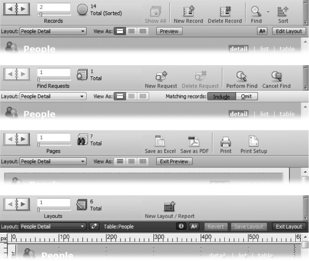 Use this illustration as a cheat sheet for locating all FileMaker's most commonly used features. In Browse mode (top), you can click the "New record" button, and then start entering data. Find mode (second from top) lets you look for records—say all your clients who live in Iowa—with all the tools you need to create brand new Find requests or to select a recent or a Saved Find. And if you inspect a report before you print it using Preview mode (third from top), then you get handy tools for saving the report as a PDF, exporting the data to Excel, and plain old printing. When you're in Browse mode the Edit Layout button lets you change the appearance of your database with access to text, field, and object formatting features of Layout mode (bottom).