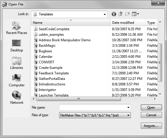 FileMaker's Open File dialog box is pretty standard stuff, but notice the pop-up menu near the bottom left that helps you find specific kinds of files on your hard drive. If you choose "FileMaker Pro files" as shown here, then all non-FileMaker files in the window are grayed out, so you can easily ignore them as you're looking for the database you want to open.