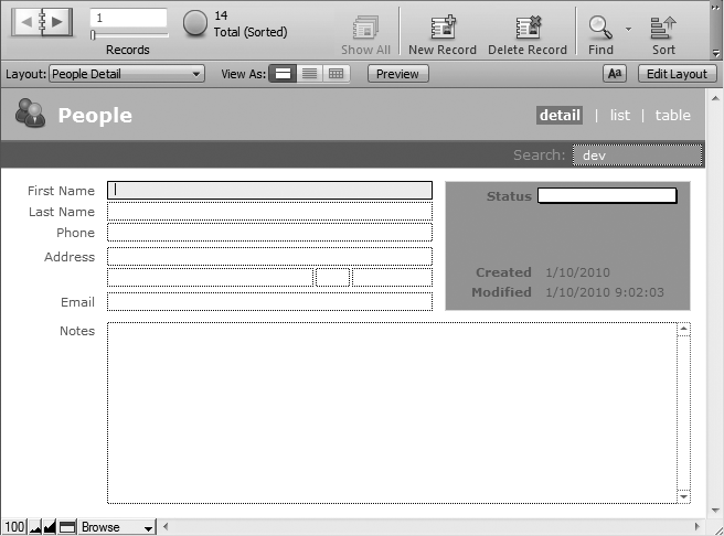 Fields can look like just about anything, but in the People database, they're pretty simple. When you click in the content area, dotted borders indicate the fields you can edit. The field you're currently editing gets a solid border. With the miracle of conditional formatting (page 618), the fields in the People database are shaded yellow as you type in them, which helps keep you oriented when you're entering information in a screen full of fields.