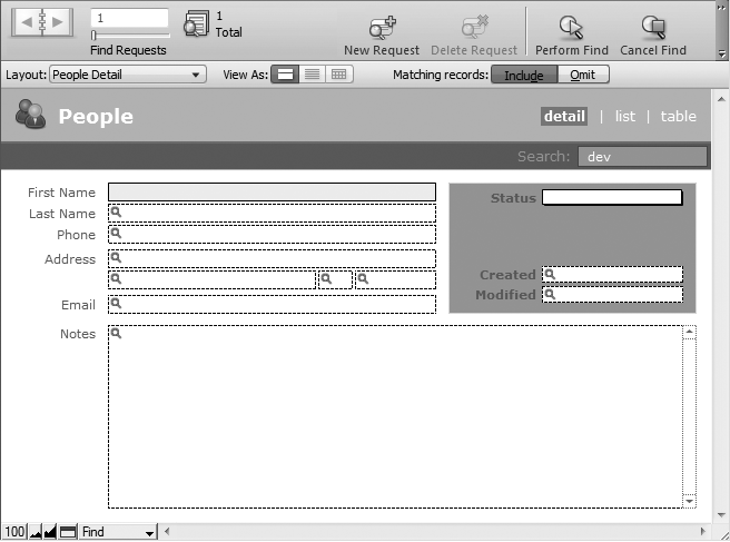 Because Find mode looks so much like Browse mode, FileMaker gives you lots of feedback about the mode change. Instead of data, the fields now show magnifying glass icons to remind you that you're typing search criteria, not new information. The borders around the fields have a dashed line instead of Browse mode's dotted line. Notice that the Status toolbar has changed. Now you have a Perform Find button, and even better, a Saved Finds tool that lets you store frequently used find criteria. That way, you don't have to remember and recreate complicated finds. (See page 66 for details.)