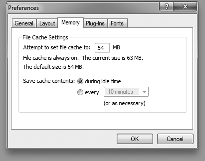 Specify the size of FileMaker's cache and how often your work is moved from the cache to your hard drive. (Nerds call that flushing the cache.) A larger cache yields better performance but leaves more data in RAM. If you're working on a laptop, you can conserve battery power by saving cache contents less frequently. But infrequent cache saving comes with some risk: In case of a power outage or other catastrophe, the work that's in cache is lost for good.