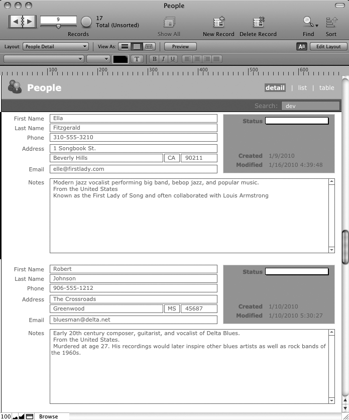 When you switch to List view, your records look just like Form view, but you can scroll down through them with the scroll bar. A thin black line shows you which record is active, so you can edit it. And just like in Form view, you can click a record's fields to edit information if you need to. The feedback is just like Form view, too. Fields get a dotted line around them to show the record is active, and the active field has a solid border and a blinking cursor.