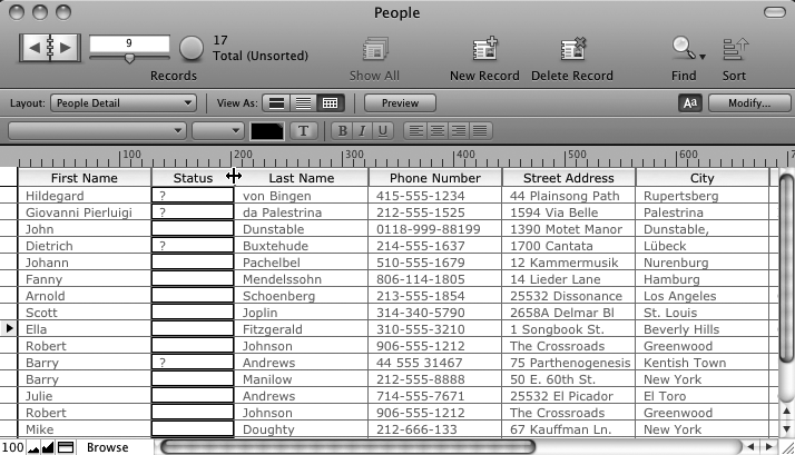 This database is the same one shown in Figure 2-1, showing the same active record, but this time the layout is in Table view. The field labels are now column headers that act as clickable buttons, letting you sort the data by a specific field. The data in the Status field is too big to fit, so all you can see is a column of question marks, and the mouse is hovering over the dividing line at the right edge of that column. If you drag this line to the right, then the column expands. You can also gain a little room in the window by shrinking the State and Zip Code fields.