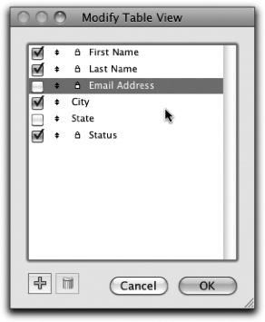 Modify Table View lets you move columns and even keep them from appearing. There's a Plus button on the lower left that lets you add fields that aren't available in your current table. If that thought intrigues you, read Chapter 5 to learn about using more than one table in a single database.