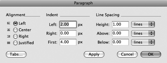 This hidden dialog box can make text in a field more legible. In your sample database, you may have noticed how the text stands a little away from the left edge of the field border (see Figure 2-13). That was done on the layout, but you can add this effect to a field in one record with the settings shown above.