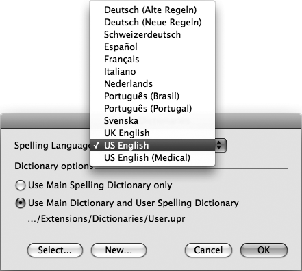 Out of the box, FileMaker uses a Spelling Language that matches the language of your operating system. But you can use a different language if you prefer. Just select it from this pop-up menu. As you can see, FileMaker even has a medical language dictionary that keeps it from balking at all your ER terms. Use the New button to create as many user dictionaries as you want, and then select the one you want to use for a particular database.