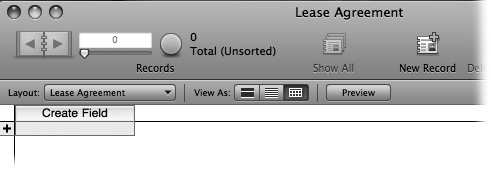 This database window looks like a brand-new spreadsheet with only one cell. Unlike a spreadsheet, you determine how many "columns" of data you need before you store data in the file. The Create Field button lets you give that first field a name. Once your first field is named, a "+" symbol lets you create and name more fields. The "+" symbol to the left of the "row" creates new records.