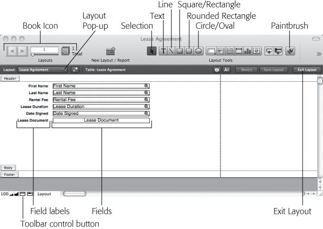 The tools in the Status toolbar change when you switch to Layout mode. The book icon now counts your layouts instead of records as it does in Browse mode. In place of the New Record button, you now see a New Layout/Report button. The toolbar shows standard graphics tools like a pointer (also called the selection tool), type-creation and shape-drawing tools. Below the Status toolbar is the darker grey Layout bar. The Content Area shows field labels at the left (they're separate text objects), which you can select and edit as if they were text in a word processor. Fields can be moved and resized like drawn objects, plus you can change their font and color with formatting menus and tools.