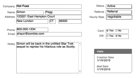 This sample layout shows data grouped in related "chunks" to help orient users to the layout's purpose. The Company name is bolded and slightly separated from everything else. The name and address fields are grouped together and arranged in a familiar pattern. Phone and email are chunked together. Metadata (information about the record itself) is chunked near the lower right. (See page 240 to learn how to use Auto-Entry field options for tracking metadata.)