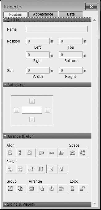 The Inspector shows the properties of the active object. If your Inspector shows "0" in many of its fields or if the buttons are grayed out, you probably don't have an object selected on your layout. Or if you have a group of objects selected, you may see some options dimmed because they can't be applied to some of the objects in the group. If you don't see what you need, just change what you have selected on your layout.The Inspector is so useful that you can even create multiple versions of it, each one displaying a different tab. Choose View→New Inspector to get a second, or even a third Inspector, and then click the tab you want to see on each one. All Inspectors are tied to the same object (or group of objects), so any changes you make to any Inspector will affect every selected object. Multi-Inspectors are meant to let you view all of an object's properties at once, without needing to switch tabs.