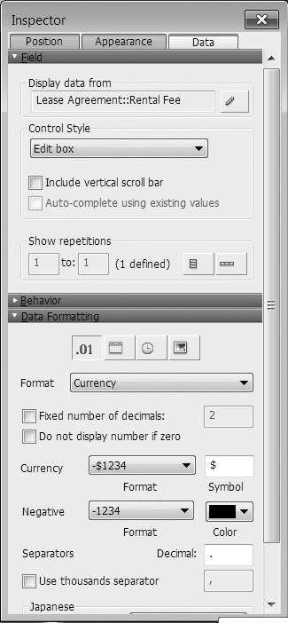 The Inspector's Data Tab as it appears when the Rental Fee field is selected. The options in the Data Formatting section change, depending on the field type of the selected field. The scroll bar indicates that this inspector isn't tall enough to show all its options. See Figure 3-10 for a view of the Inspector's Data tab that shows the entire Data Formatting section.