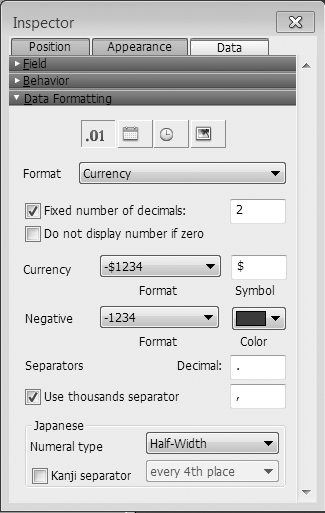 Here, all Inspector sections except Data Formatting are closed up. Since Data Formatting is at the bottom of the Data Tab, it's helpful to close up the sections you're not focused on if you have a smaller monitor or are working on a laptop. If you don't close up the sections, you can still get to the options you need by dragging the Inspector's scrollbar. Note: the Japanese options are useful only if you're using Japanese fonts for showing Japanese number characters. Otherwise, you can safely ignore those settings.