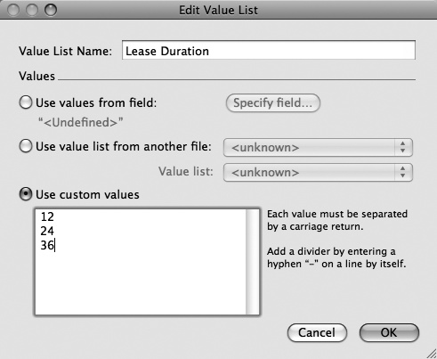 When you name elements in your database, it helps to give them descriptive names. In this case, the new value list will be used to limit the data entry in the Lease Duration field, so even though it's the same name as the field itself, that's the best name to give the value list. Notice that each value is on its own line, and there's no trailing paragraph symbol after the last value in the list.