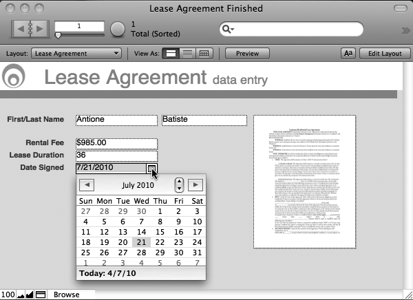 A Drop-down calendar ensures that dates are entered according to FileMaker's rules. It appears when you click or tab into a field that's been formatted to show it. On Windows, drop-down lists or calendars may pop up instead, if the window isn't big enough to contain all their glory. You don't have to use the calendar to enter data even if a field has been formatted to show one. Just click in the field and type away, but be sure to enter a FileMaker-approved format (7/21/2010, 7.21.2010, or 7-21-2010, for example).