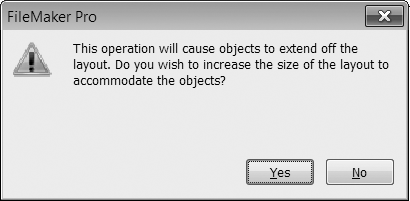 If you use the Inspector to change an object's size, but the position and new size won't fit in the current height of the object's part, you'll see this warning. If you made the change intentionally, click Yes. Click No to abort the object's size change and the layout size change.