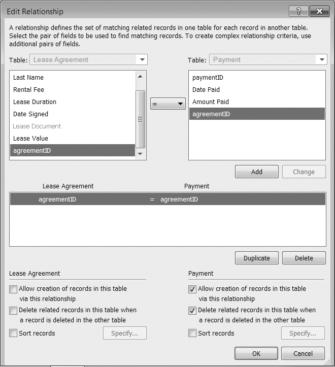 The Edit Relationship window lets you define everything about how a relationship works. It's divided in half vertically, with one table's information on the left, and the other table's information on the right. For most people, it's easiest to visualize a relationship when the parent table is on the left and the child table is on the right. If your window is flipped (Payment on the left and Lease Agreement on the right), it's because your table occurrences are flipped on the Relationship graph. To change the display, close the Edit Relationship dialog box and then drag the table occurrences to rearrange them. In practice, it doesn't matter which side the tables appear on because relationships are bidirectional (you'll learn what that means on page 228). Just select your options very carefully.