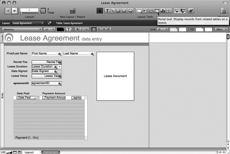 In the upper right, you see the Portal tool. The finished portal, along with related fields and their field labels is at lower left. The portal displays information about its data along its lower-left edge. The related table's name (Payment) appears, followed by "[1…12+]." That means that the portal is tall enough to display 12 rows of related records, starting with the first record. The "+" sign means that the portal will show a active scrollbar when it contains more than 12 child records.