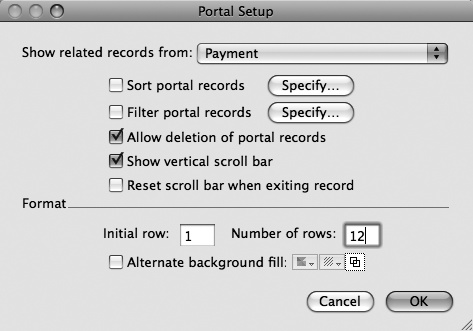 Control a portal's options using the Portal Setup dialog box. This window appears when you first create a portal. Double-click a portal to view this window. That's how you check or change the portal's options. Of course, you can also use the Inspector to change a portal's size or position and appearance. Use the "Initial row" box to display data from a related table across multiple portals. If you need to display data that's not suitable for a list, like a large container field with a graphic (which should be tall so the graphic is visible), make several tall, single-row portals and place them side by side. Set the first portal to have an initial row of 1, the second portal to an initial row of 2, and so on. See the box on page 150 for more info.