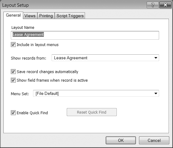 All layouts are tied to one, and only one, table occurrence. Fittingly, the Lease Agreement layout shows records from the Lease Agreement table occurrence. Why all this harping on the difference between a table and a table occurrence? Because you can create multiple instances of a table on your Relationships graph—that's what a table occurrence is—an instance of a table. When you work with your data (specifying fields, creating portals, writing calculations, and other tasks), you need to use the table occurrence for the current context.