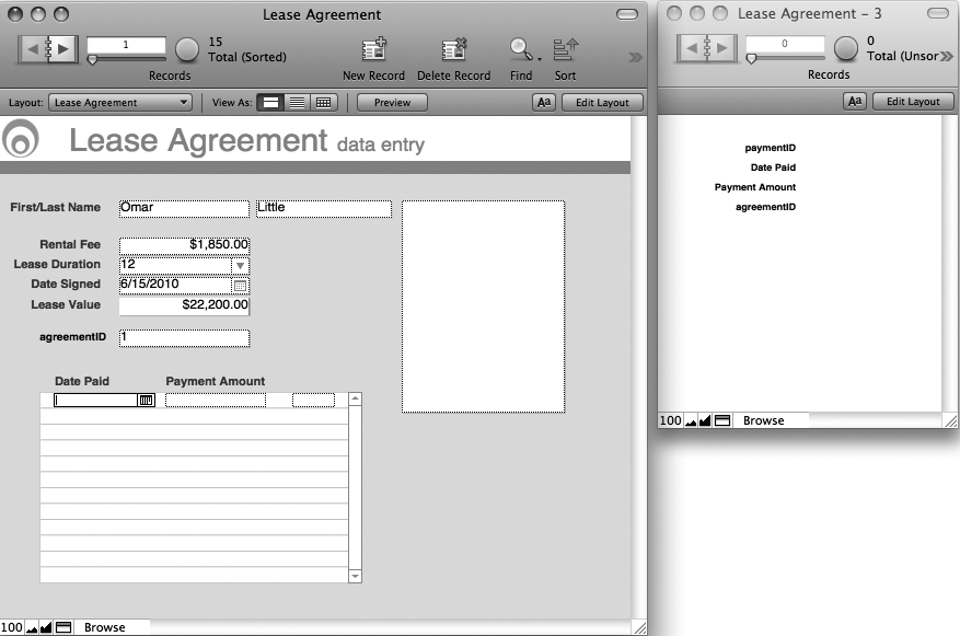 In the window on the left, the Omar Little record is active, and you can see that the portal shows field boundaries as if there's a new record. But in the window on the right, you can see that the Payment table doesn't have any records yet. Keep your screen set up like this for the next tutorials, so you can watch how and when related records are created, edited, and deleted. This is also a good troubleshooting tip when something's wrong with a relationship and you're trying to figure out how to fix it.