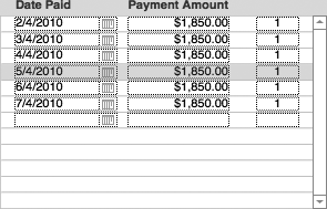 The Payment record for May 4, 2010 is highlighted. No field in the portal row is active, but a highlight shows on the whole row. Selecting a row this way sets the context for a portal row delete. However, you can't enter or edit data in a portal row that's highlighted this way, because the insertion point isn't in a specific field.