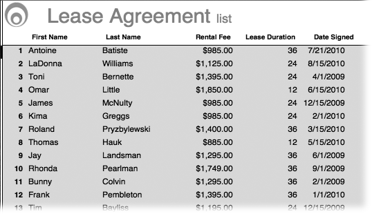 The number to the left of each record on the Lease Agreement List layout comes from a special symbol placed on the layout. Sort the list, and notice that the records change order, but the record numbers themselves stay in sequence. The record number is meant to help you figure out where you are in a list, but not to identify any specific record. See page 137 for a way to assign a permanent ID number, or key, to a record.