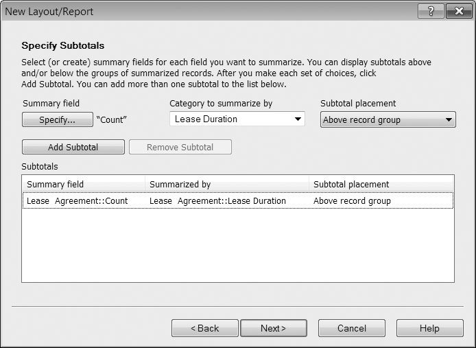 Choices you make in this window determine how many subtotals your report will have. You can also place the subtotal above or below the records it's summarizing. You need to have at least one Subtotal line item in the bottom box for the summary to work, though, so make sure you click Add Subtotal after you create or chose a Summary field (you'll learn about them later in this tutorial).