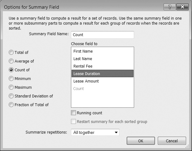 You'd see this same window if you used the Manage Database window to create a summary field. Summary fields do just what their name implies: they summarize groups of data. You can apply one of several mathematical operations to the fields, including Totals, Averages, and Counts. You can count any field, but you can't apply math to text fields. So if you're trying to select a field, but it's grayed out, check the operation you're trying to perform. It may not be the right option for the field you want to summarize (or the field's definition may be set to the wrong type).