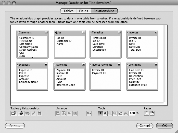 If you create this set of tables and fields from scratch, your tables won't be in this precise order when you first view the Relationships graph. Tables appear on the graph in the order in which you create them. That's no problem, because FileMaker gives you all the tools you need to move, resize, rename, color, and of course, link up your tables. To move tables around, drag them by their title bars. Resize them by placing the mouse over the bottom or right or left edges (the pointer turns to a double-headed arrow when you hit the sweet spot), and then drag. To make the graph itself bigger, drag the bottom-right corner of the Manage Database window.