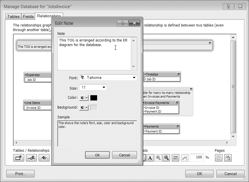 The Edit Note dialog box lets you pick font, size, and color, and type any text you want. When you click OK, the note appears on the graph, and you can drag it around, resize it, or use the alignment tools much like you do your table occurrences. Here the Edit Note dialog box shows the setup for the highlighted note in the background. You can also see a note that appears behind the Invoice Payment table. Both notes help see how things work at a glance without poking around in each relationship.