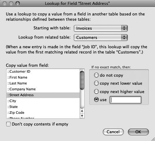 Here's what your Lookup dialog box looks like when you've set up the Lookup for the Invoice::Street Address field. In other circumstances, you might not want to copy over existing data if the related fields are blank. Imagine you have a table of currency exchange rates. If some currencies don't have data available the day you gather the rates, then those rate fields are blank. If you use a lookup to refresh exchange rates in your Products database, you don't want to wipe out any existing exchange rates. To keep last week's value, select the "Don't copy contents if empty" option.