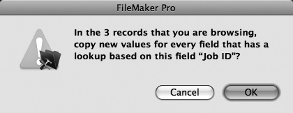 When you run the Relookup Field Contents command, FileMaker shows this message. The program reminds you how many records you're updating, since you can't undo this action. If you look up new address information into old invoices accidentally, you lose historical data. If you're sure you want to proceed, click OK.