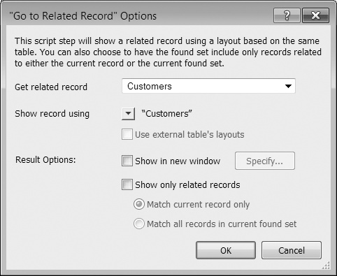 Use the GTRR Options window to tell FileMaker what you want to see and how you want it presented. "Get related record from" determines what table occurrence to show and "Show record using layout" determines which layout is used. In the JobsInvoices database, you have only one table occurrence for each table, so once you choose a TO, there's only one layout to select. But in a more complex database, you might have to choose from hundreds of TOs and the dozens of layouts tied to the chosen TO. Later on, you'll learn how to change the found set of the target table occurrence.