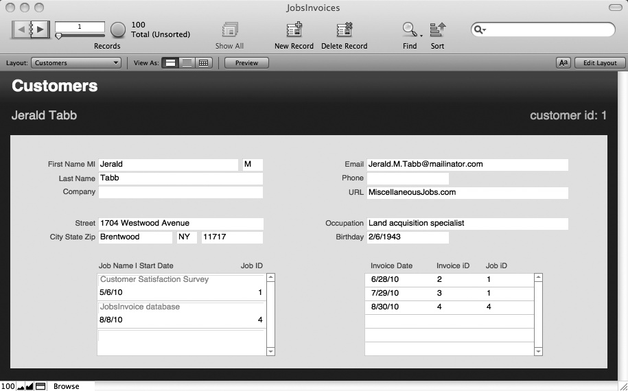 Notice that the Invoice portal shows all invoices that are attached to either of Jerald Tabb's two jobs (Customer Satisfaction Survey and JobsInvoices database). Placing the ID fields in a portal is a good way to understand how relationships work in theory. It's also a good troubleshooting tip if a portal or relationship isn't working the way you think it should be working. Once you see the values in those ID fields, it's usually pretty easy to figure out what's happening and then fix the problem.