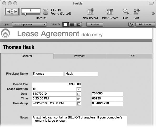 In the left column, you see a date field, a time field, and a timestamp field. In the right column, you see the result of a calculation field that displays the value as a number instead of a date or time (the number represents the days since 1/1/0001. Timestamp values are so high that they're displayed in exponential notation and look kind of scary. But if you're planning to do math on a date, time or timestamp field, you'll get used to it. FileMaker stores timestamp data as a number—the number of seconds elapsed since 12:00:00, January 1, in the year 0001.