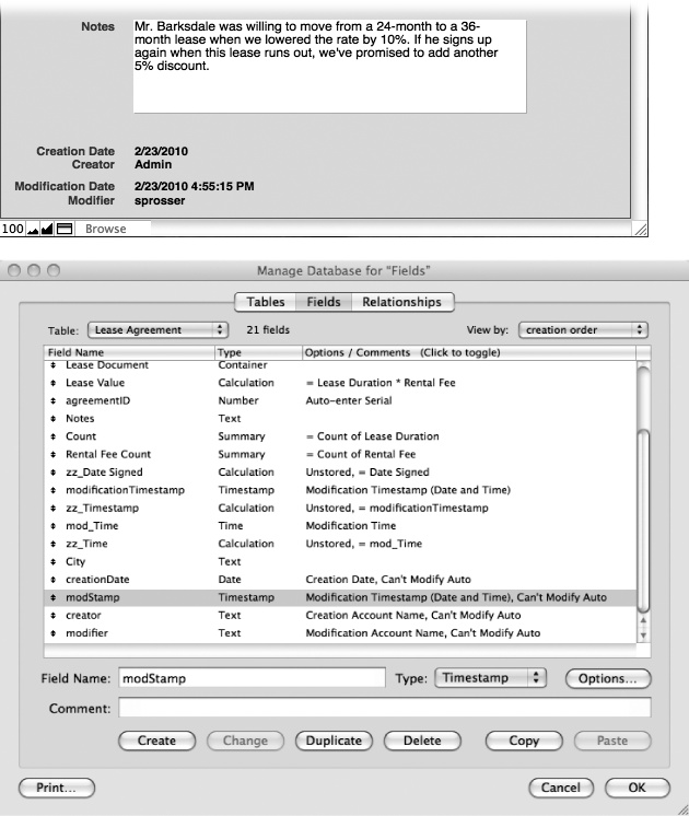 Top: This layout shows four auto-enter fields that store information about who creates and/or modifies each record and when they do so.Bottom: The Manage Database window's field list shows auto-enter options in the Options/Comments column. The highlighted "modStamp" field tracks the date and time that any field on any record gets changed. In conjunction with the "modifier" field, you can figure out who's entered stuff into this record and when. The names of metadata fields in this table follow a naming convention of starting with a lower case letter, and then using an upper case letters instead of a space to indicate the start of a new word. Developers often name metadata fields that way to tell them apart from fields that store user-entered data. If you're not working with FileMaker Pro Advanced, you won't have the Copy and Paste buttons shown here. See page 512 to learn about FileMaker Pro Advanced's ability to copy and paste fields from one table to another.