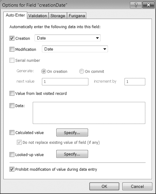 Turn on the Creation option, and then choose Date to get a field that holds the record's date of birth. Actually, save yourself a little time and skip the Creation checkbox altogether. It turns itself on automatically when you choose an option from the pop-up menu next to it.