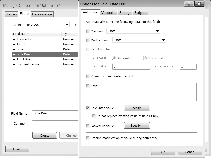 The Auto-Enter tab of the Options for Field "Date Due" window is where you select the Calculated value option, and then turn off the automatic "Do not replace existing value (if any)" option. With these settings, if you change the value in either field referenced in the Date Due field's calculation (Invoice Date or Payment Terms), the date due value will be updated. But if you leave the "Do not replace" option turned on, the calculation only kicks in when data is entered into the referenced fields the first time. Either way, you can change the value at will unless you also choose "Prohibit modification of value during data entry", which defeats the purpose of an auto-enter calculation field.